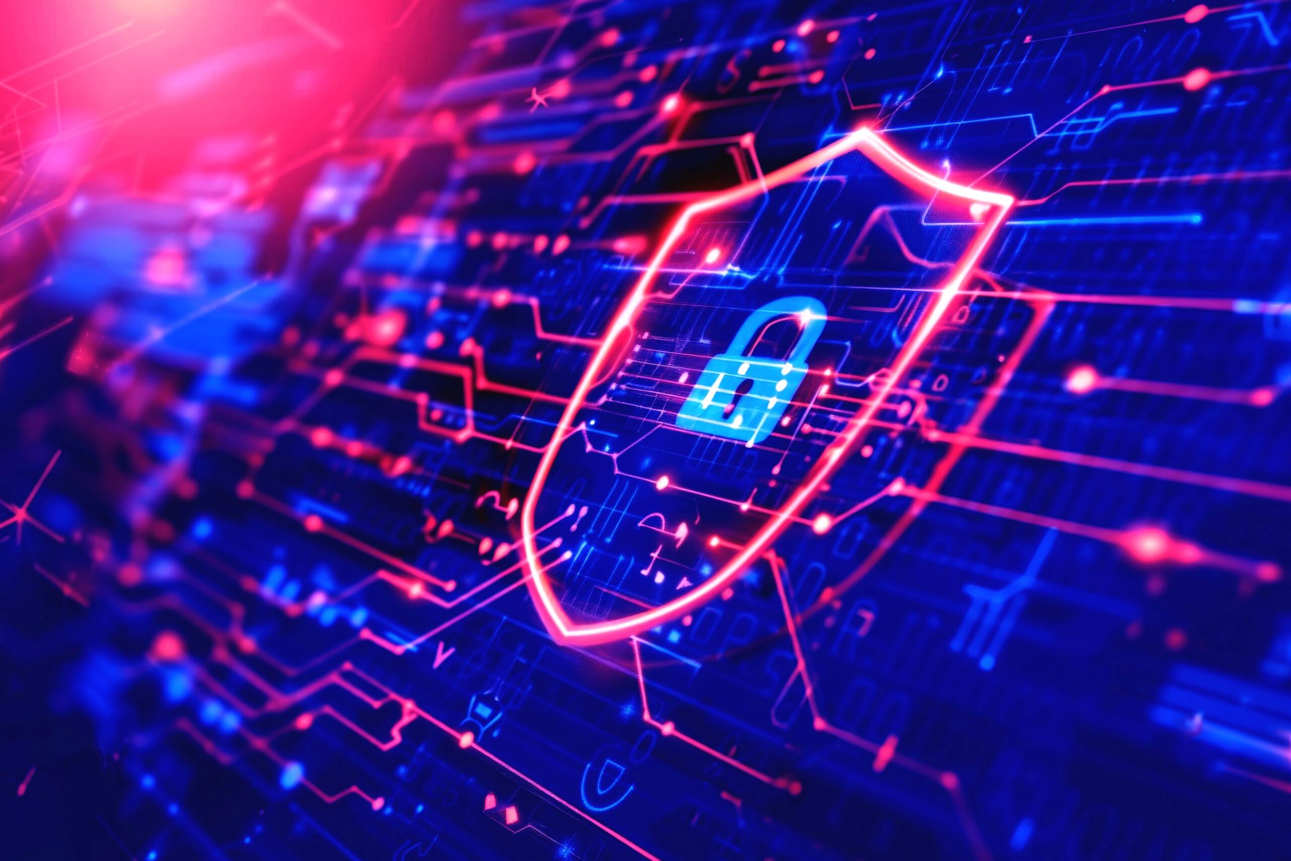 An image of a lock within a shield against the background of a circuit-like image to represent AI security